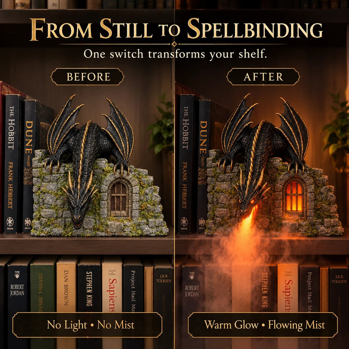 MistWyrm Dragon Diffuser – Glowing Mist for Your Bookshelf 🐉