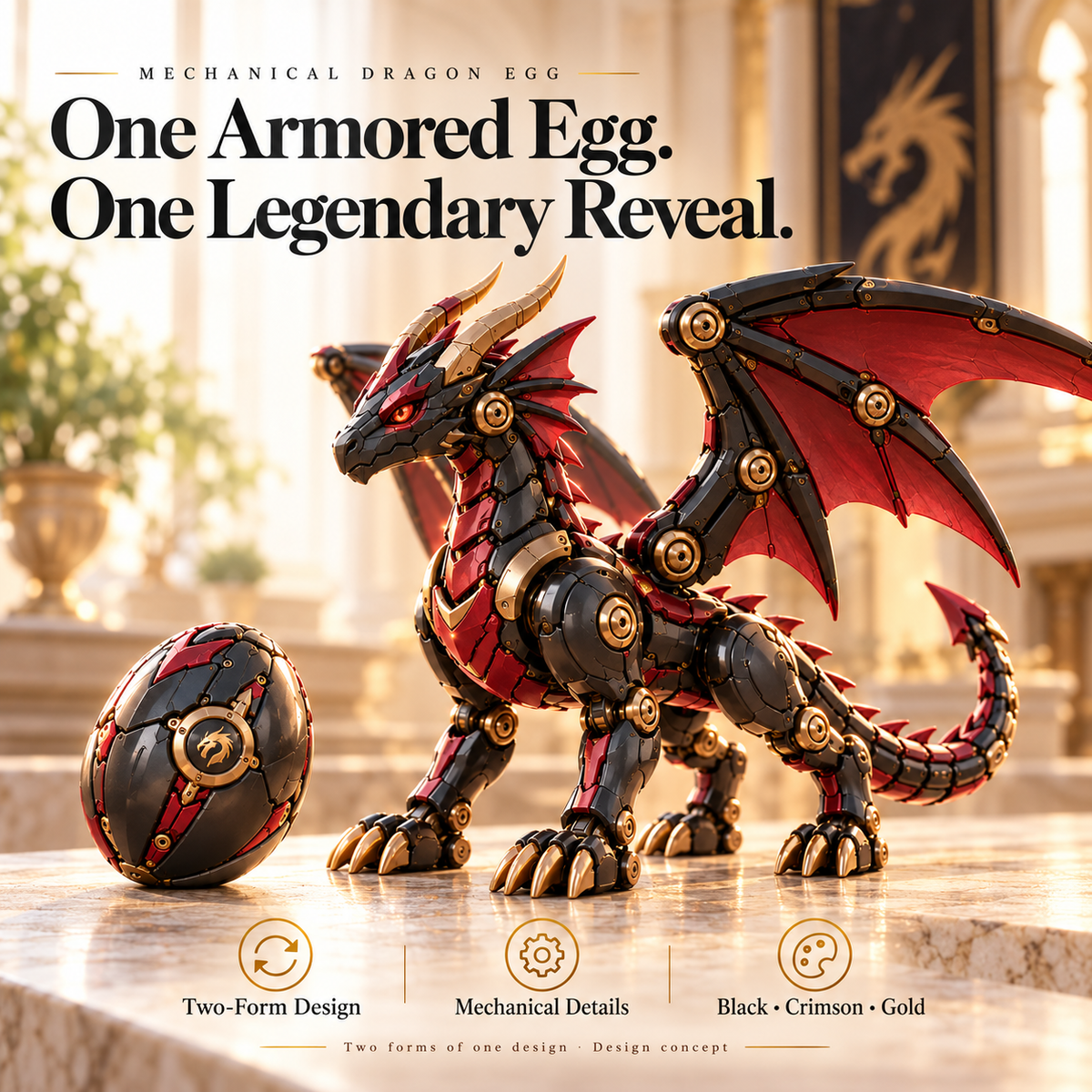 🔥LAST DAY 50% OFF -🐉 Mechanical Dragon Egg – Black & Crimson Dragon with Folding Wings & Armored Details