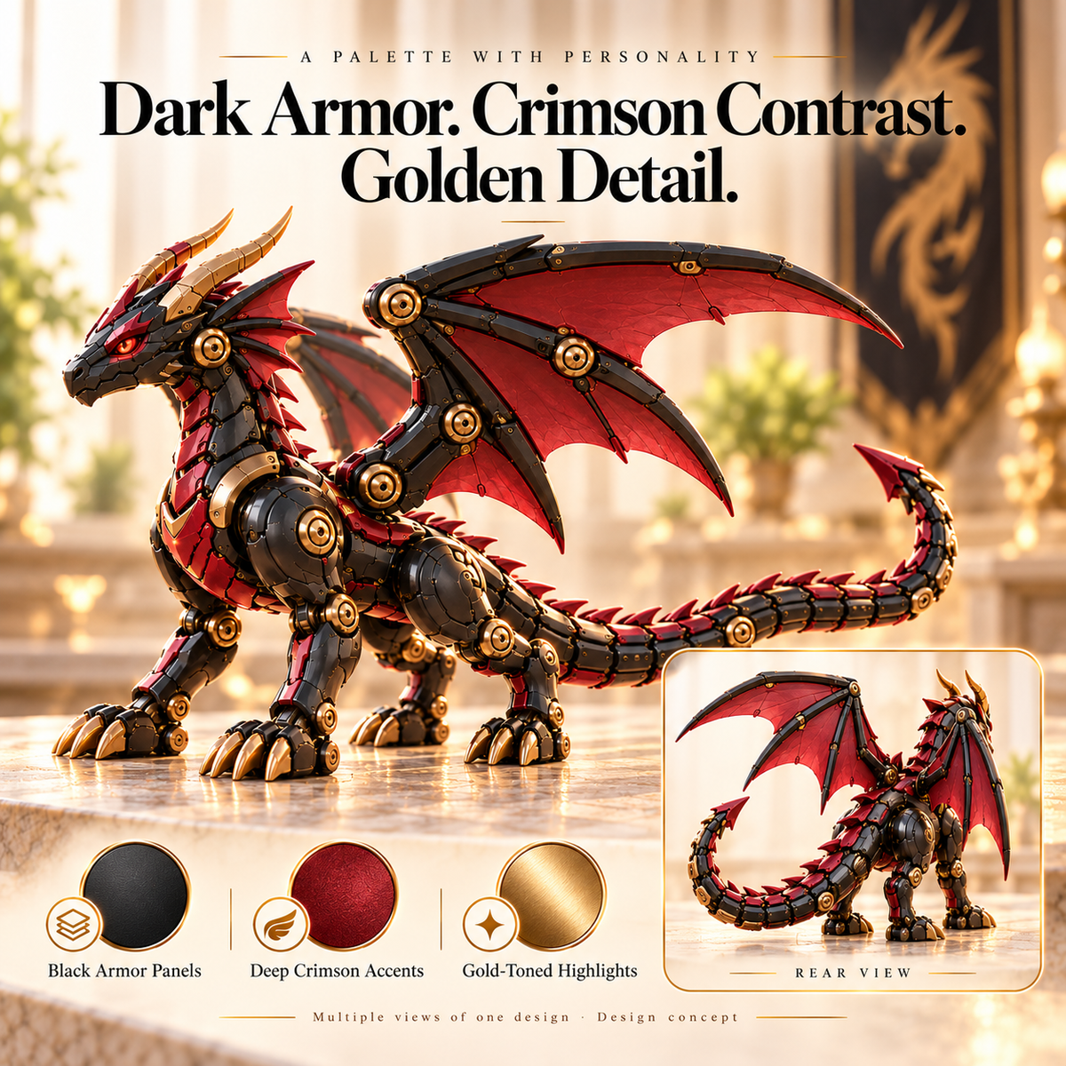 🔥LAST DAY 50% OFF -🐉 Mechanical Dragon Egg – Black & Crimson Dragon with Folding Wings & Armored Details