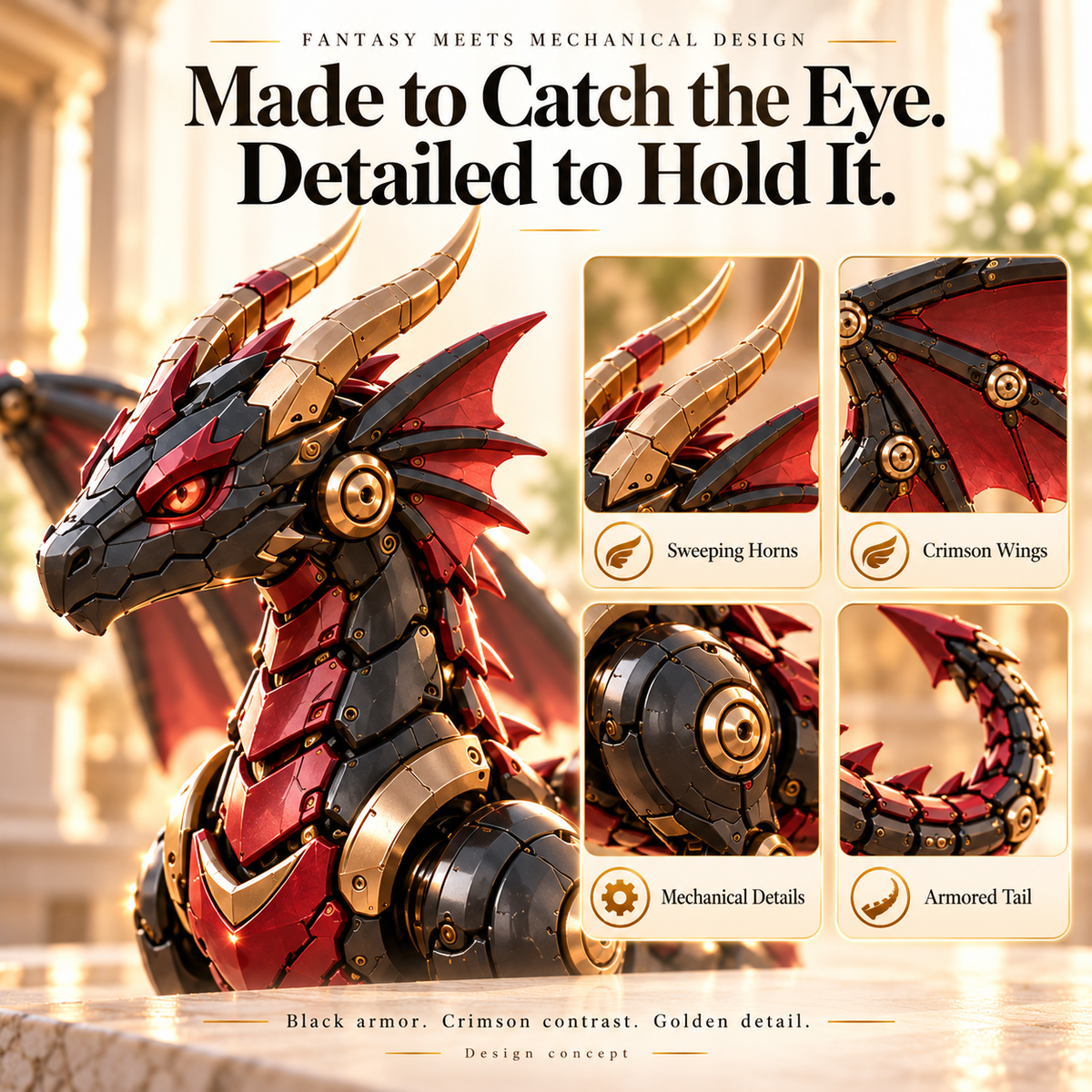 🔥LAST DAY 50% OFF -🐉 Mechanical Dragon Egg – Black & Crimson Dragon with Folding Wings & Armored Details