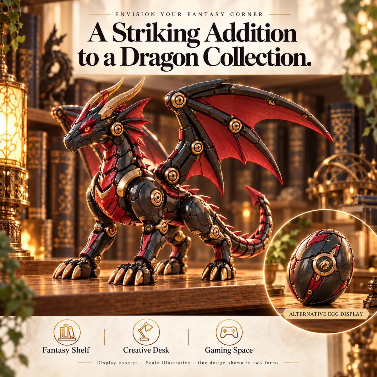 🔥LAST DAY 50% OFF -🐉 Mechanical Dragon Egg – Black & Crimson Dragon with Folding Wings & Armored Details