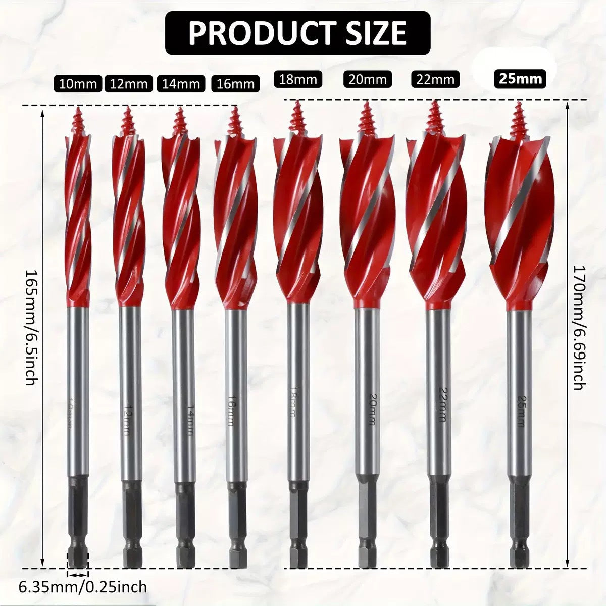 ⚒️8PCS High Carbon Steel Wood Drill Bits Set,4-Flute Hex Shank Wood Boring Bits 10-25mm for Timber Plastic Drilling