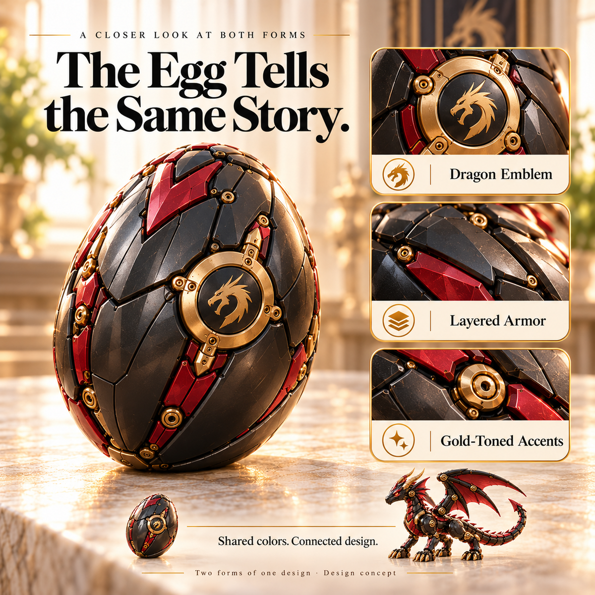 🔥LAST DAY 50% OFF -🐉 Mechanical Dragon Egg – Black & Crimson Dragon with Folding Wings & Armored Details